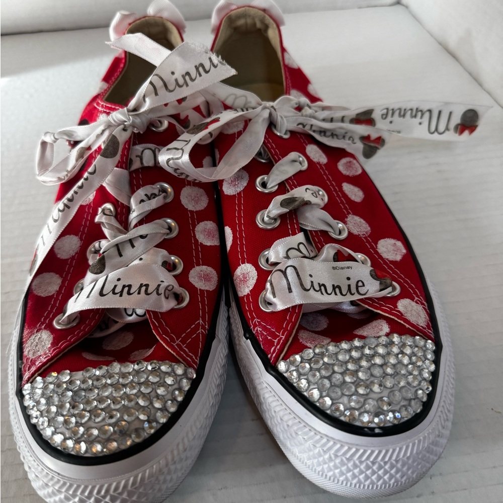 Converse Red Polka Dot Minnie Kids Sneakers with Rhinestones Sz 8